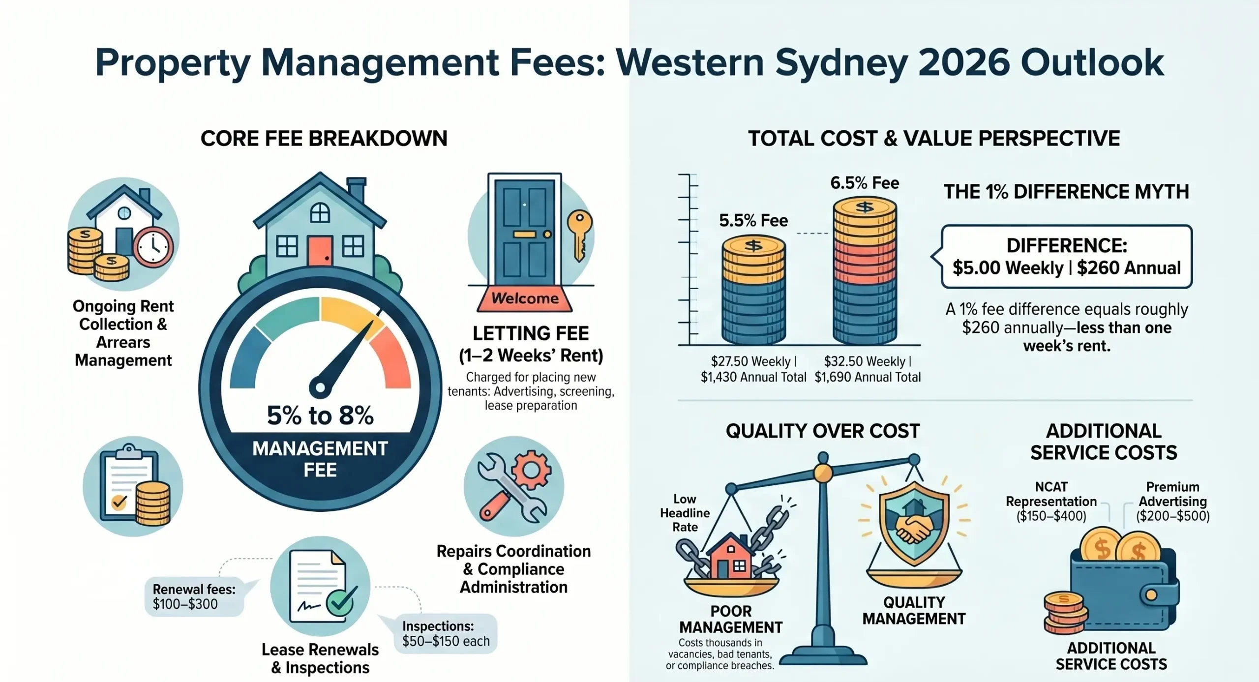 Property Management Fees in Western Sydney: What to Expect in 2026 Understanding the fee structure is the first step to evaluating any property manager. In Sydney, management fees average around 5.4% of weekly rent — the lowest of any capital city in Australia, driven by intense competition between agencies. For Western Sydney specifically, expect fees in the 5% to 8% range, with the following breakdown: The Core Fee Structure Management fee (ongoing): 5% to 8% of rent collected — this covers rent collection, arrears management, routine repairs coordination, tenant communication, and compliance administration. On a $500/week property, a 6% management fee equals $30 per week, or $1,560 annually. Letting fee (one-off per tenancy): Typically 1 to 2 weeks' rent — charged when a new tenant is placed. This covers advertising, open homes, tenant screening, reference checks, lease preparation, and bond lodgement. Lease renewal fee: $100 to $300 — charged when an existing tenant renews their lease. Routine inspection fee: $50 to $150 per inspection — some agencies include a set number per year in their management fee, others charge per visit. Confirm before signing. Additional fees to watch for: NCAT representation ($150–$400), end-of-year statement ($50–$100), advertising ($200–$500 for premium listings), and tribunal filing costs. What a 1% Fee Difference Actually Costs You On a $500/week Western Sydney property, the difference between a 5.5% and a 6.5% management fee is approximately $260 per year. This is less than one week's rent. The real cost of a poor property manager — a bad tenant, an extended vacancy, a missed maintenance issue, or a tenancy compliance breach — can easily run to thousands. Always compare what's included, not just the headline percentage.
